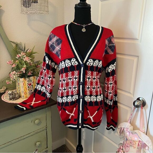 Vintage PBJ Sport 90s 80s Red Blue White Golf Prep Novelty Cardigan Sweater Sz M - Picture 2 of 16